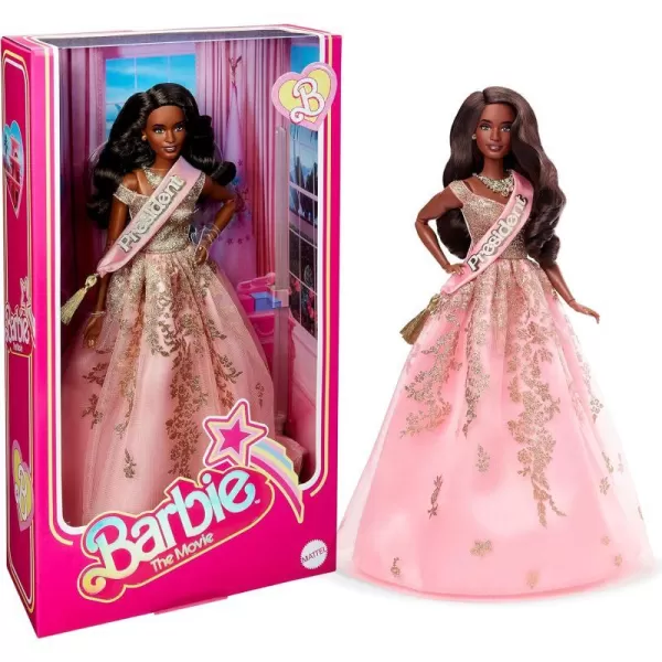 Barbie The Movie Doll President Barbie Collectible Wearing Shimmery Pink and Gold Dress with SashBarbie The Movie Doll President Barbie Collectible Wearing Shimmery Pink and Gold Dress with Sash