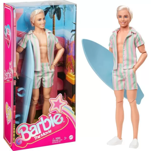 Barbie The Movie Ken Doll Wearing Pastel Pink and Green Striped Beach Matching Set with Surfboard and White SneakersBarbie The Movie Ken Doll Wearing Pastel Pink and Green Striped Beach Matching Set with Surfboard and White Sneakers