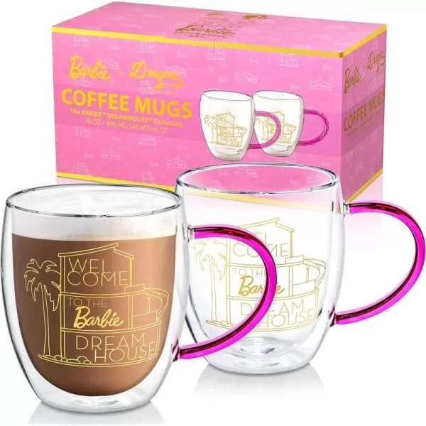 Dragon Glassware x Barbie Glass Coffee Mugs Barbie Dreamhouse Collection Clear Double Wall Insulated Cups with Pink Handle Keeps Beverages Hot or Cold Longer 16 oz Capacity Set of 2Set of 2 Barbie Dreamhouse