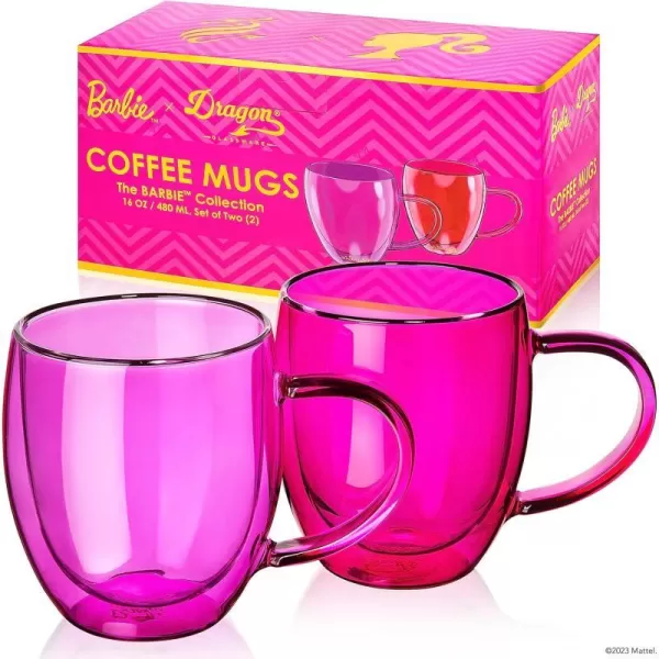 Dragon Glassware x Barbie Glass Coffee Mugs Barbie Dreamhouse Collection Clear Double Wall Insulated Cups with Pink Handle Keeps Beverages Hot or Cold Longer 16 oz Capacity Set of 2Set of 2 Barbie