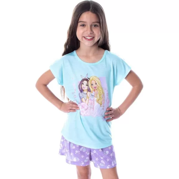 INTIMO Barbie Little Girls Barbie Doll Unicorn Love Shirt and Shorts 2 PC Pajama SetSkyblue