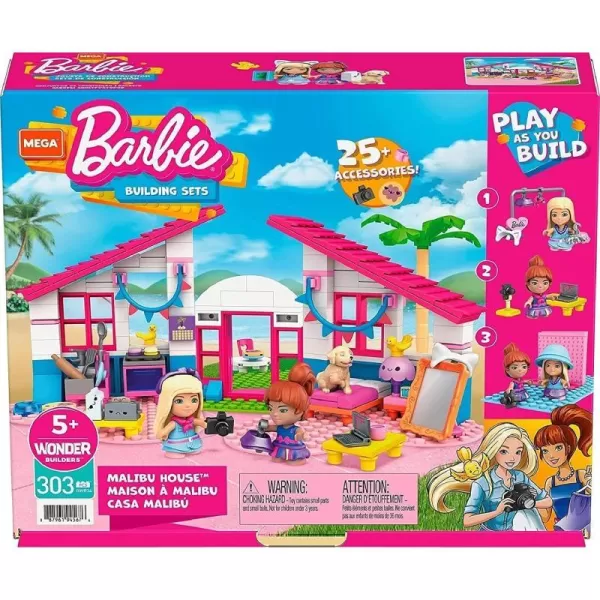 MEGA Barbie Building Toys Playset Malibu Dream House with 303 Pieces 2 MicroDolls Accessories and Furniture 3 PetsMEGA Barbie Building Toys Playset Malibu Dream House with 303 Pieces 2 MicroDolls Accessories and Furniture 3 Pets