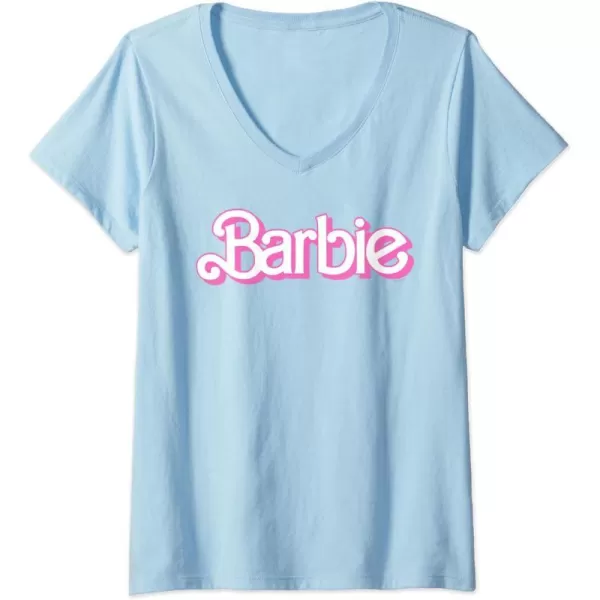 Womens Barbie Logo Bright White VNeck TShirtBaby Blue