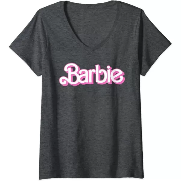 Womens Barbie Logo Bright White VNeck TShirtDark Heather Grey