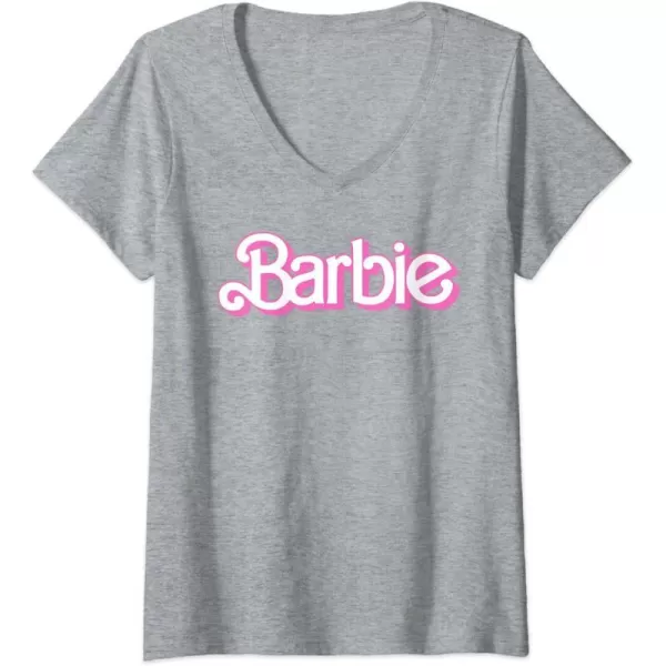 Womens Barbie Logo Bright White VNeck TShirtHeather Grey