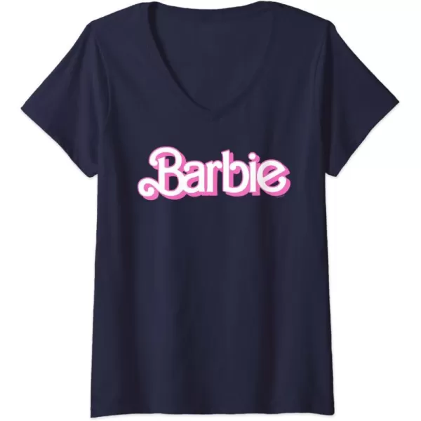 Womens Barbie Logo Bright White VNeck TShirtNavy Blue