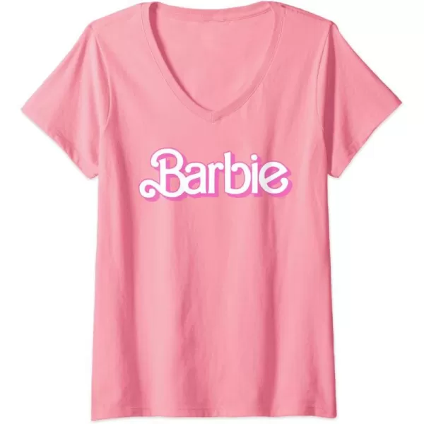 Womens Barbie Logo Bright White VNeck TShirtPink