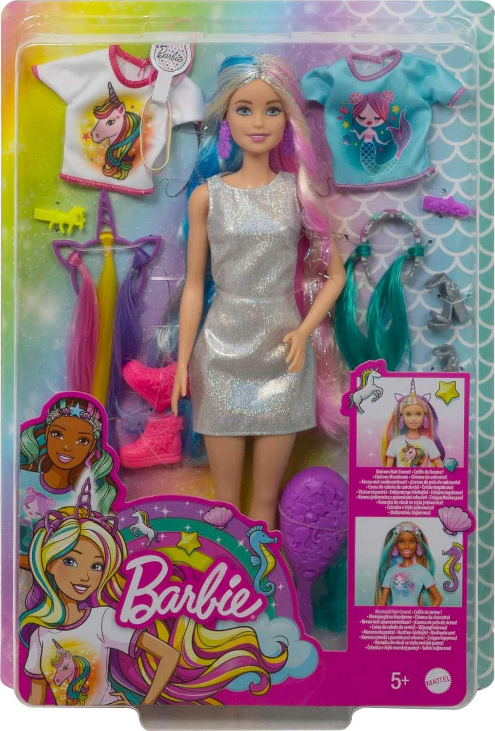 Barbie Fantasy Hair Doll ampamp Accessories Long Colorful Blonde Hair with Mermaid ampamp UnicornInspired ClothesBlonde