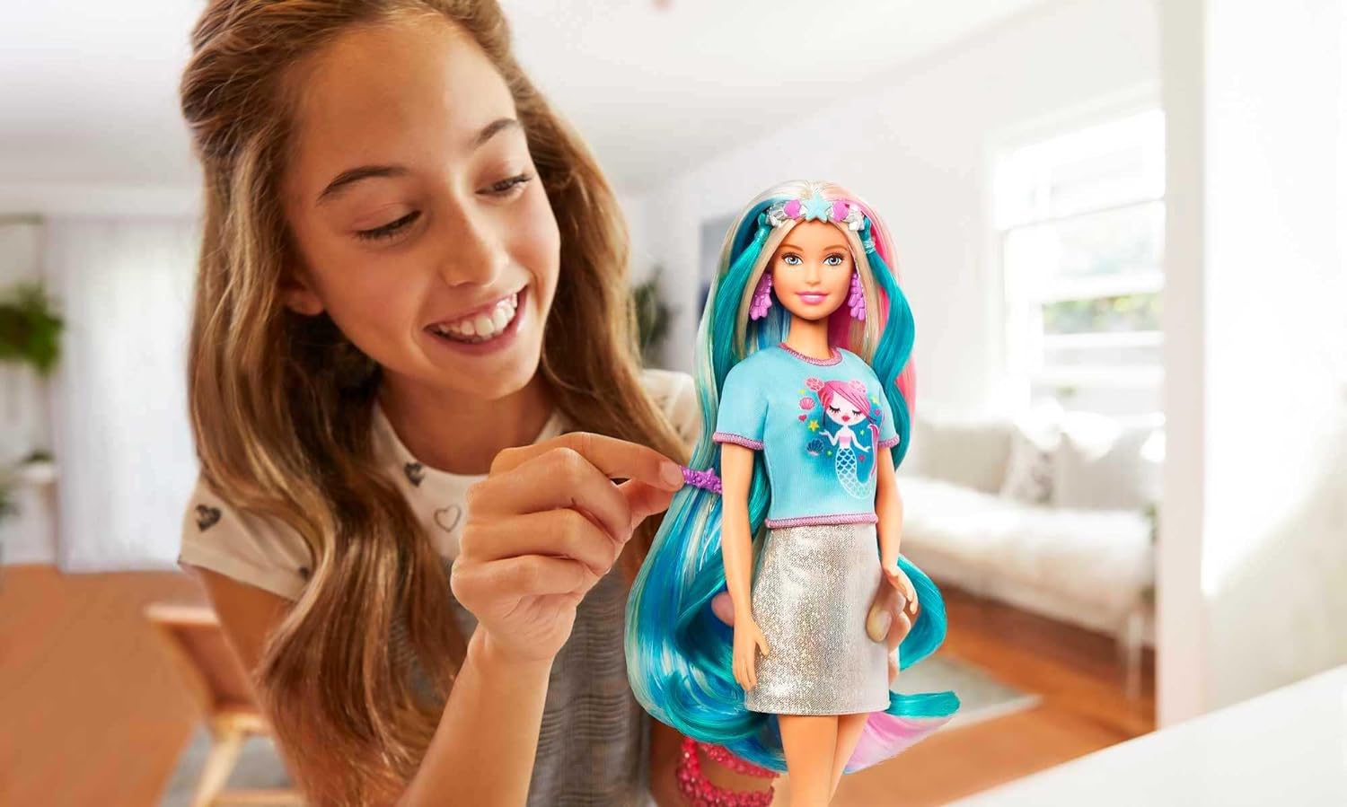 Barbie Fantasy Hair Doll ampamp Accessories Long Colorful Blonde Hair with Mermaid ampamp UnicornInspired ClothesBlonde