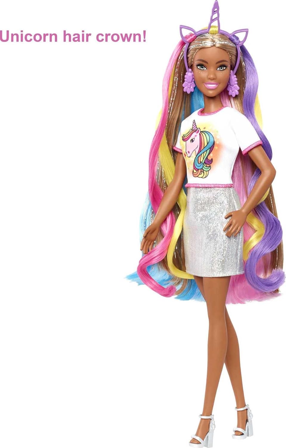 Barbie Fantasy Hair Doll ampamp Accessories Long Colorful Blonde Hair with Mermaid ampamp UnicornInspired ClothesBrunette