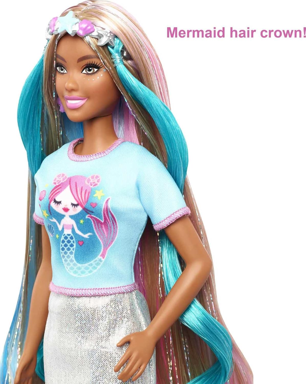 Barbie Fantasy Hair Doll ampamp Accessories Long Colorful Blonde Hair with Mermaid ampamp UnicornInspired ClothesBrunette