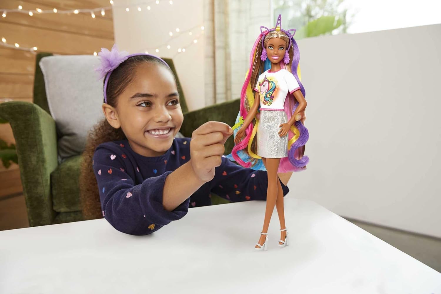 Barbie Fantasy Hair Doll ampamp Accessories Long Colorful Blonde Hair with Mermaid ampamp UnicornInspired ClothesBrunette