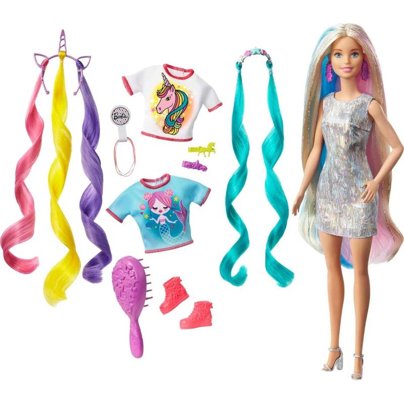 Barbie Fantasy Hair Doll ampamp Accessories Long Colorful Blonde Hair with Mermaid ampamp UnicornInspired ClothesBlonde