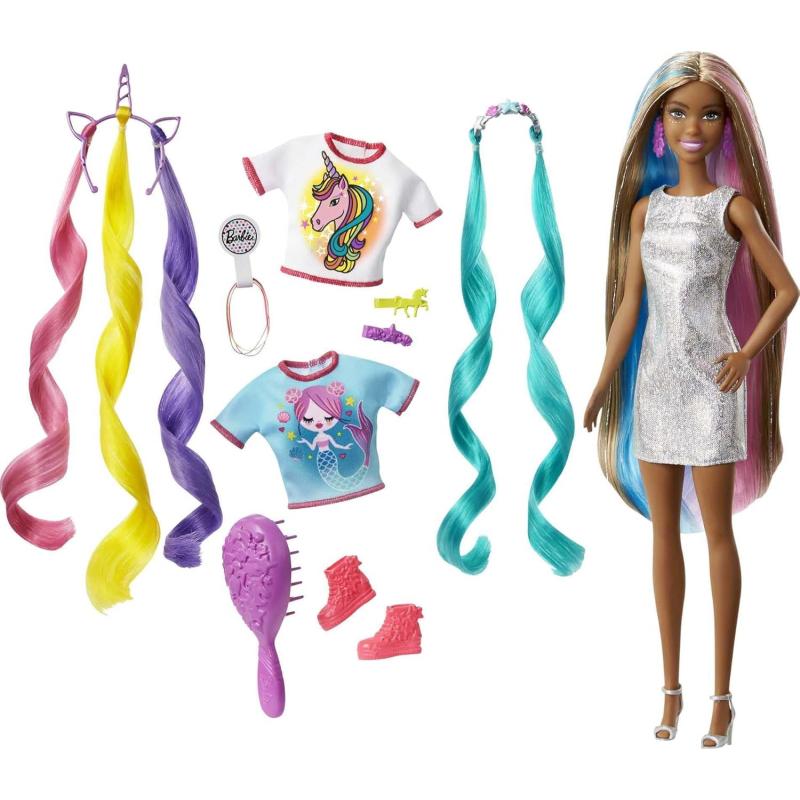 Barbie Fantasy Hair Doll ampamp Accessories Long Colorful Blonde Hair with Mermaid ampamp UnicornInspired ClothesBrunette
