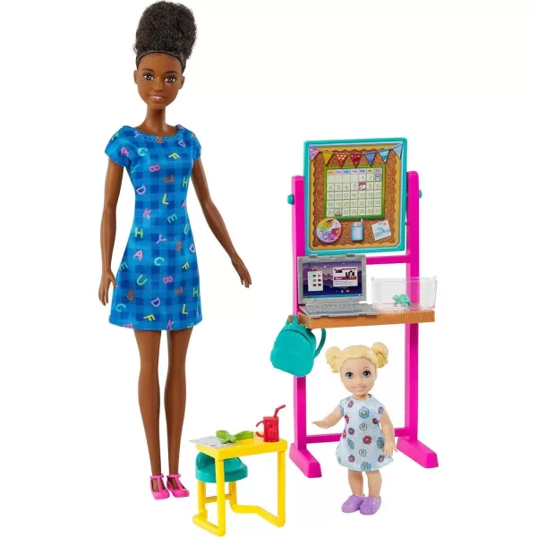 Barbie Careers Playset School Teacher with Blonde Fashion Doll Brunette Small Student Doll Flipping Blackboard Desk ampamp MoreMulticolor