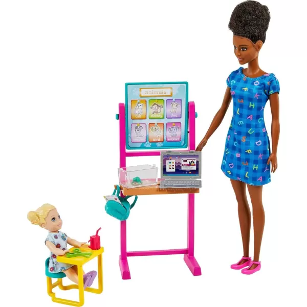 Barbie Careers Playset School Teacher with Blonde Fashion Doll Brunette Small Student Doll Flipping Blackboard Desk ampamp MoreMulticolor