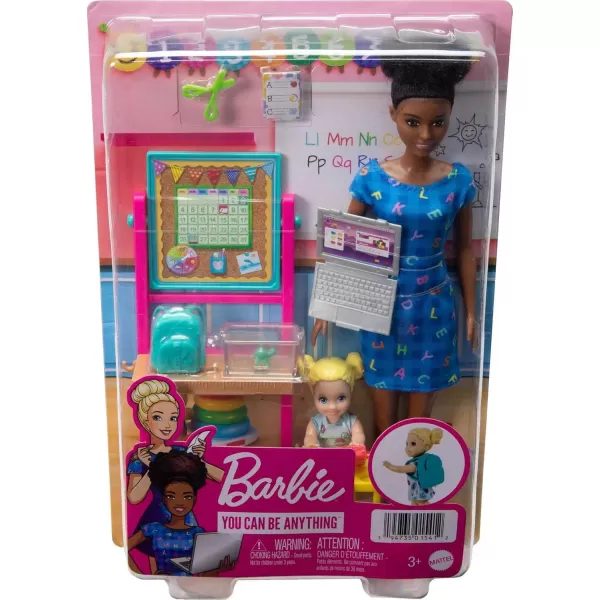 Barbie Careers Playset School Teacher with Blonde Fashion Doll Brunette Small Student Doll Flipping Blackboard Desk ampamp MoreMulticolor