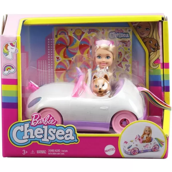 Barbie Chelsea Doll ampamp Toy Car with Unicorn Theme Blonde Small Doll in Removable Skirt Pet Puppy Sticker Sheet ampamp AccessoriesUnicorn Car