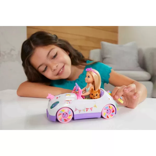 Barbie Chelsea Doll ampamp Toy Car with Unicorn Theme Blonde Small Doll in Removable Skirt Pet Puppy Sticker Sheet ampamp AccessoriesUnicorn Car