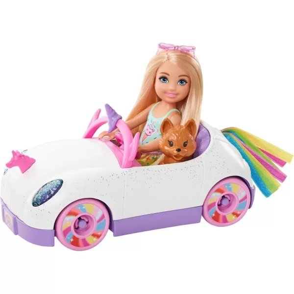 Barbie Chelsea Doll ampamp Toy Car with Unicorn Theme Blonde Small Doll in Removable Skirt Pet Puppy Sticker Sheet ampamp AccessoriesUnicorn Car