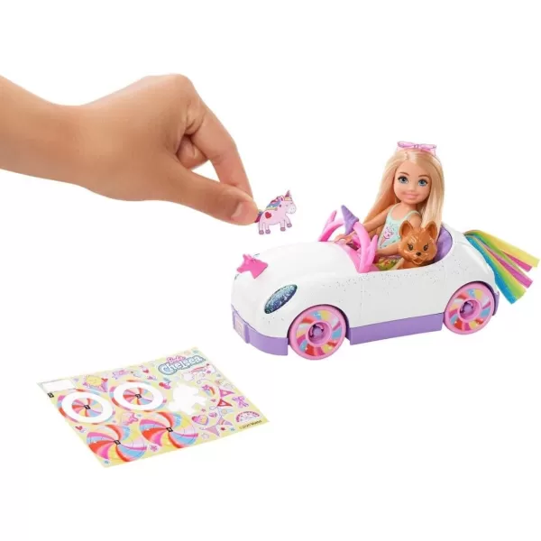 Barbie Chelsea Doll ampamp Toy Car with Unicorn Theme Blonde Small Doll in Removable Skirt Pet Puppy Sticker Sheet ampamp AccessoriesUnicorn Car