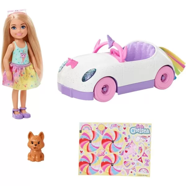 Barbie Chelsea Doll ampamp Toy Car with Unicorn Theme Blonde Small Doll in Removable Skirt Pet Puppy Sticker Sheet ampamp AccessoriesUnicorn Car