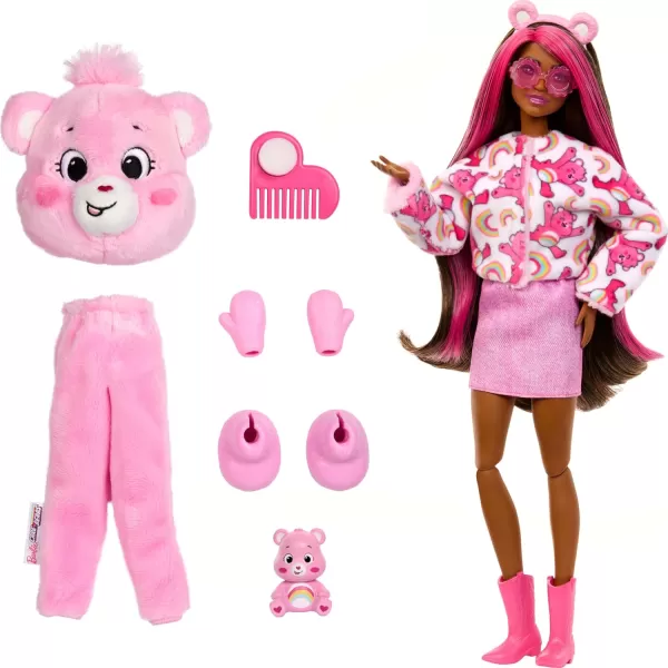 Barbie Cutie Reveal Doll ampamp Accessories Care Bears Series Fashion Doll with Cheer Bear Plush Costume ampamp 10 Surprises Including Color Change ampamp Mini BearCheer Bear