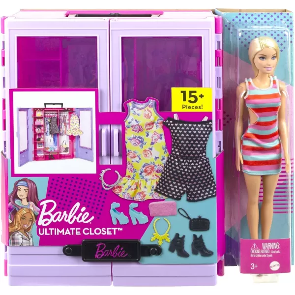 Barbie Doll ampamp Playset Fashionistas Ultimate Closet with Clothes 3 Outfits ampamp Fashion Accessories Including 6 HangersCloset  Doll