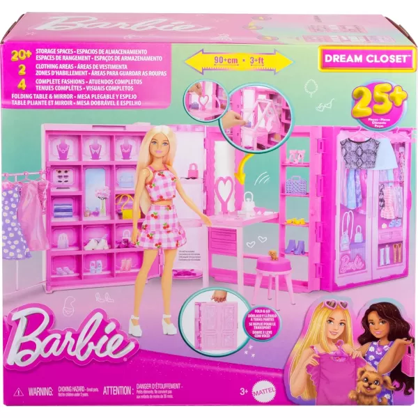 Barbie Dream Closet Toy Playset ampamp Storage with Clothes ampamp Accessories 3 feet Wide with 25 Pieces Includes 4 Complete Fashion LooksDream Closet 30