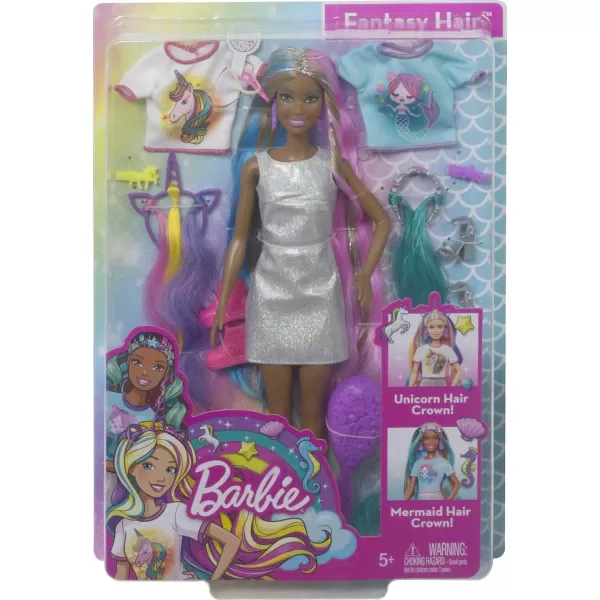Barbie Fantasy Hair Doll ampamp Accessories Long Colorful Blonde Hair with Mermaid ampamp UnicornInspired ClothesBrunette