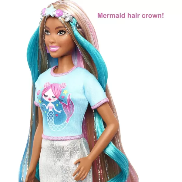 Barbie Fantasy Hair Doll ampamp Accessories Long Colorful Blonde Hair with Mermaid ampamp UnicornInspired ClothesBrunette