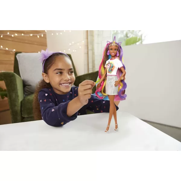 Barbie Fantasy Hair Doll ampamp Accessories Long Colorful Blonde Hair with Mermaid ampamp UnicornInspired ClothesBrunette