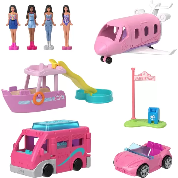 Barbie Mini BarbieLand DreamHouse ampamp 3Vehicle Playset with 4 15Inch Dolls Doll House Furniture ampamp Accessories Includes DreamCamper Boat ampamp PlaneDolls  Golf  4 Vehicles