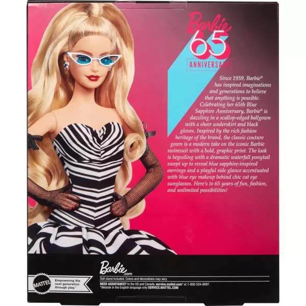 Barbie Signature Doll 65th Anniversary Collectible with Brown Braided Hair Black ampamp White Gown Sapphire Gem Earrings ampamp SunglassesBlonde