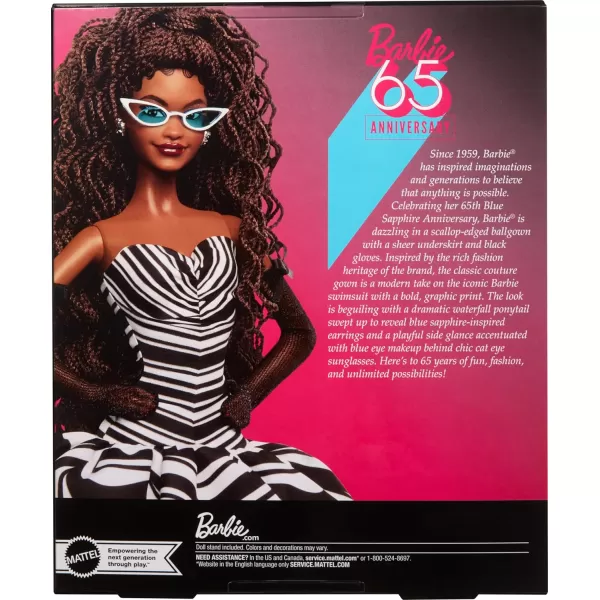 Barbie Signature Doll 65th Anniversary Collectible with Brown Braided Hair Black ampamp White Gown Sapphire Gem Earrings ampamp SunglassesBrunette