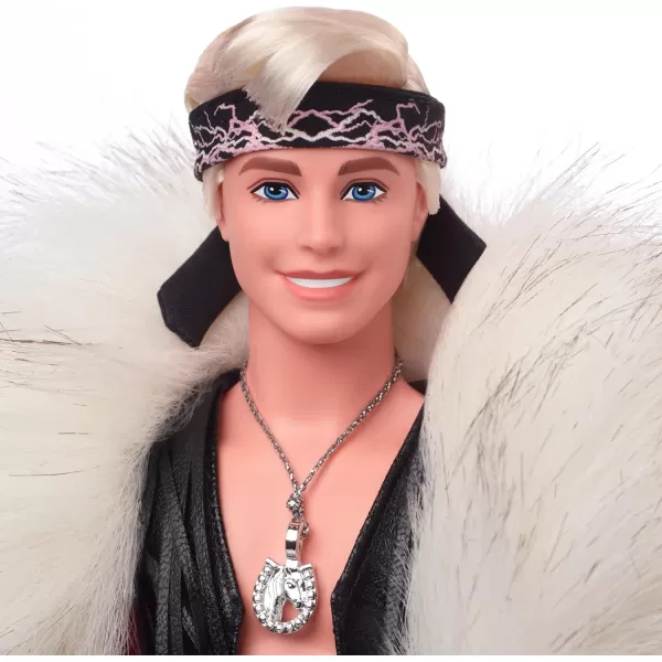 Barbie The Movie Collectible Ken Doll Wearing Big Faux Fur Coat ampamp Black Fringe Vest with Bandana Amazon Exclusive