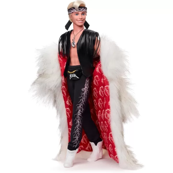 Barbie The Movie Collectible Ken Doll Wearing Big Faux Fur Coat ampamp Black Fringe Vest with Bandana Amazon Exclusive