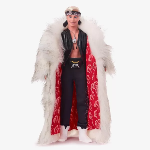 Barbie The Movie Collectible Ken Doll Wearing Big Faux Fur Coat ampamp Black Fringe Vest with Bandana Amazon Exclusive