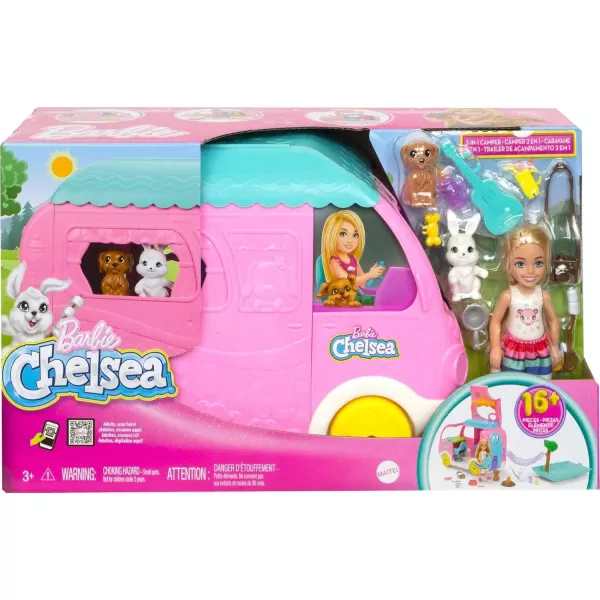 Barbie Toy Camper ampamp Chelsea Doll 2in1 Playset with 2 Pets ampamp 15 Accessories Vehicle Transforms into Camp Site Amazon Exclusive