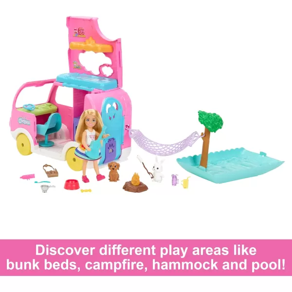 Barbie Toy Camper ampamp Chelsea Doll 2in1 Playset with 2 Pets ampamp 15 Accessories Vehicle Transforms into Camp Site Amazon Exclusive