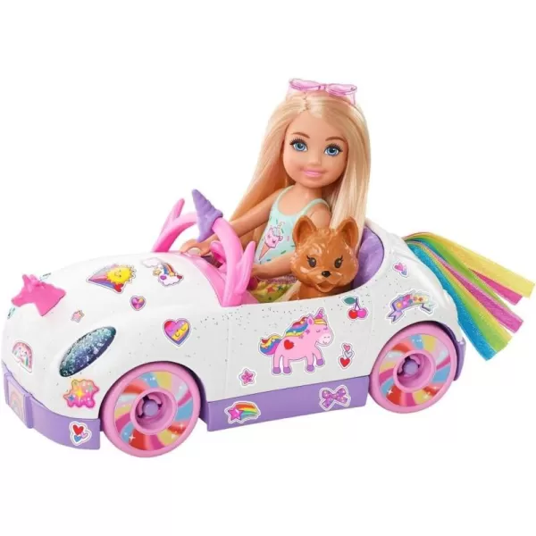 Barbie Chelsea Doll ampamp Toy Car with Unicorn Theme Blonde Small Doll in Removable Skirt Pet Puppy Sticker Sheet ampamp AccessoriesUnicorn Car