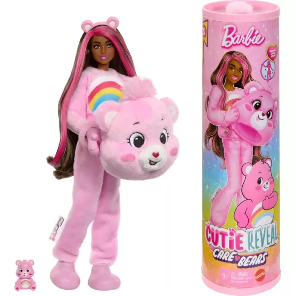 Barbie Cutie Reveal Doll ampamp Accessories Care Bears Series Fashion Doll with Cheer Bear Plush Costume ampamp 10 Surprises Including Color Change ampamp Mini BearCheer Bear