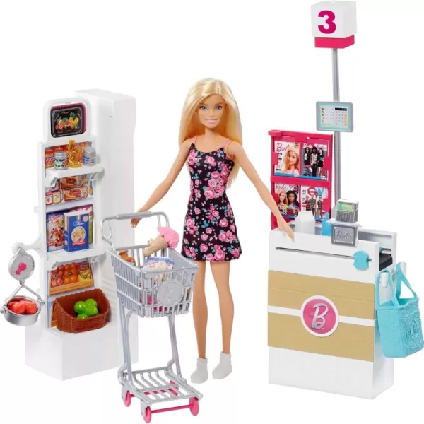 Barbie Doll ampamp Playset Supermarket with 25 Grocery StoreThemed Accessories Including Food CheckOut Counter ampamp ShelvesSupermarket