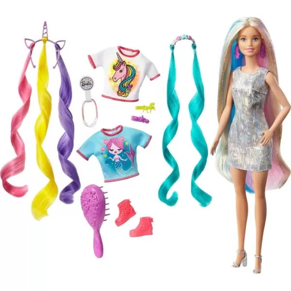 Barbie Fantasy Hair Doll ampamp Accessories Long Colorful Blonde Hair with Mermaid ampamp UnicornInspired ClothesBlonde