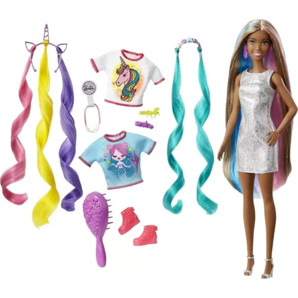 Barbie Fantasy Hair Doll ampamp Accessories Long Colorful Blonde Hair with Mermaid ampamp UnicornInspired ClothesBrunette