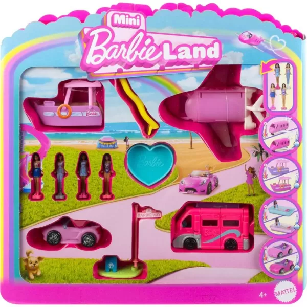 Barbie Mini BarbieLand DreamHouse ampamp 3Vehicle Playset with 4 15Inch Dolls Doll House Furniture ampamp Accessories Includes DreamCamper Boat ampamp PlaneDolls  Golf  4 Vehicles