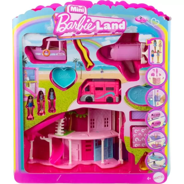 Barbie Mini BarbieLand DreamHouse ampamp 3Vehicle Playset with 4 15Inch Dolls Doll House Furniture ampamp Accessories Includes DreamCamper Boat ampamp PlaneDolls  Dreamhouse  3 Vehicles