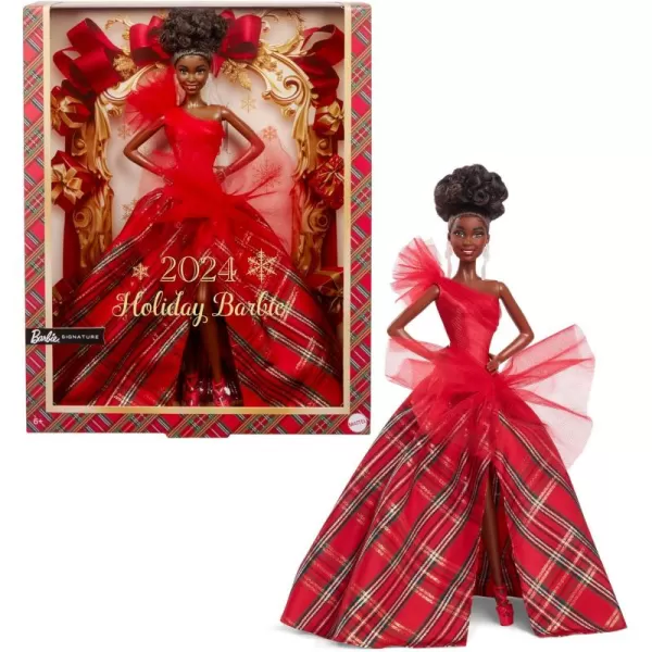 Barbie Signature Doll 2024 Holiday Fashion Doll with Brown Hair Wearing Plaid Gown Seasonal Collector Gift in Displayable PackagingCurly Brown Hair