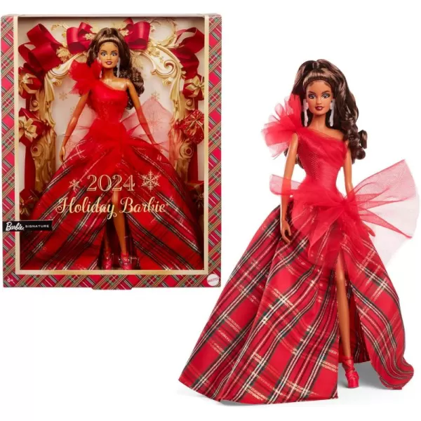 Barbie Signature Doll 2024 Holiday Fashion Doll with Brown Hair Wearing Plaid Gown Seasonal Collector Gift in Displayable PackagingLight Brown Hair