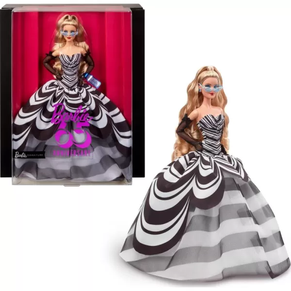 Barbie Signature Doll 65th Anniversary Collectible with Brown Braided Hair Black ampamp White Gown Sapphire Gem Earrings ampamp SunglassesBlonde